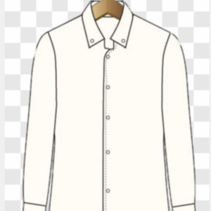 White long sleeve button-up shirt with collar and cuffs on hanger.